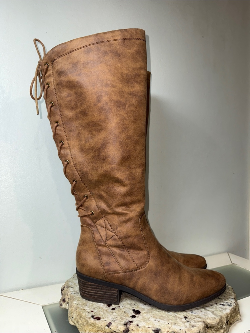 BareTraps Gardyna Tall Lace-Up Brown Faux Leather Riding Boots 9 M